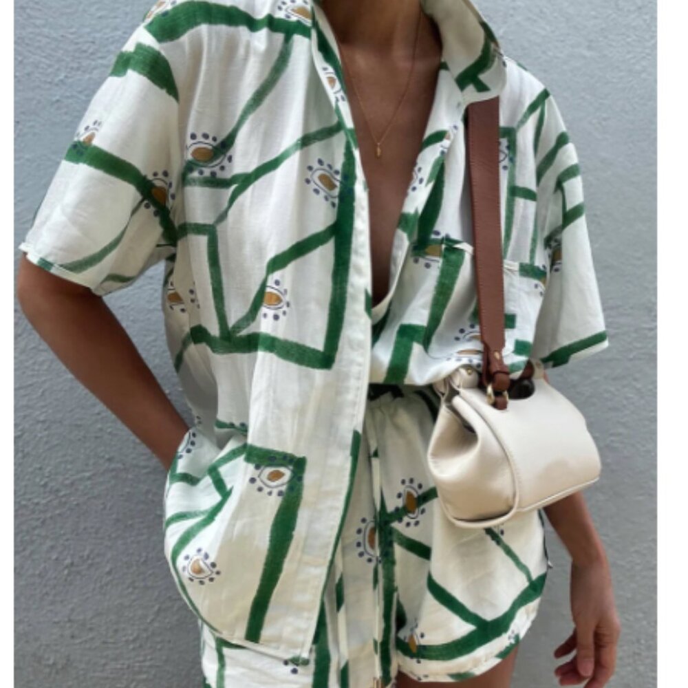 Commense Cream Button-Down Shirt with Green Graphic Grid